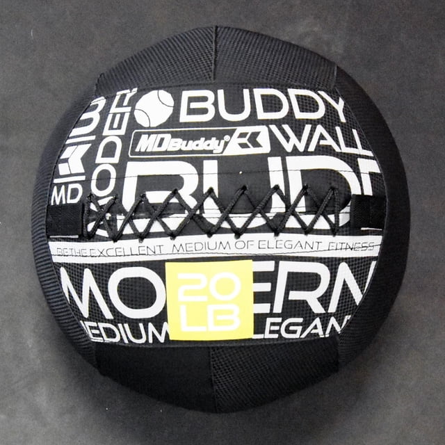 MD Buddy , Balle Murale, 20 Lb, Coque en Vinyle Noire avec surface Texturée Résistante à l'Humidité, Marquage Imprimé Blanc et Jaune Incluant Étiquette de Poids, Point de Croix Renforcé, Idéal pour la Force Dynamique et le Conditionnement du Tronc dans les Accessoires d'Entraînement de Force.