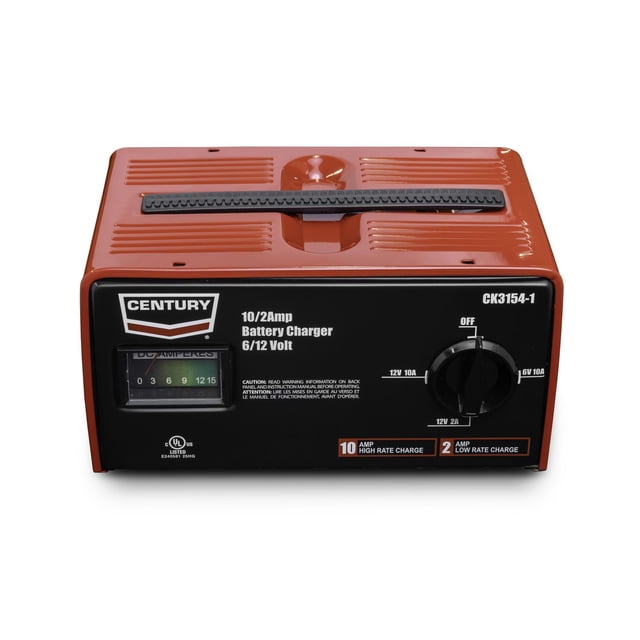Century Chargeur de Batterie 10/2 a avec Boîtier Métallique Rouge et Panneau avant Noir, Doté d'Un Interrupteur Rotatif pour Réglages de charge Manuelle 6 V et 12 V à des Débits de 10 a et 2 a, d'Un Ampèremètre Analogique et d'Une Poignée Noire sur le Dessus, Convient aux batteries Automobiles.