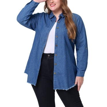 Plus Size Shirts for Women Chambray Top Button Down Denim Shirts Tops 2025 3X Navy Blue