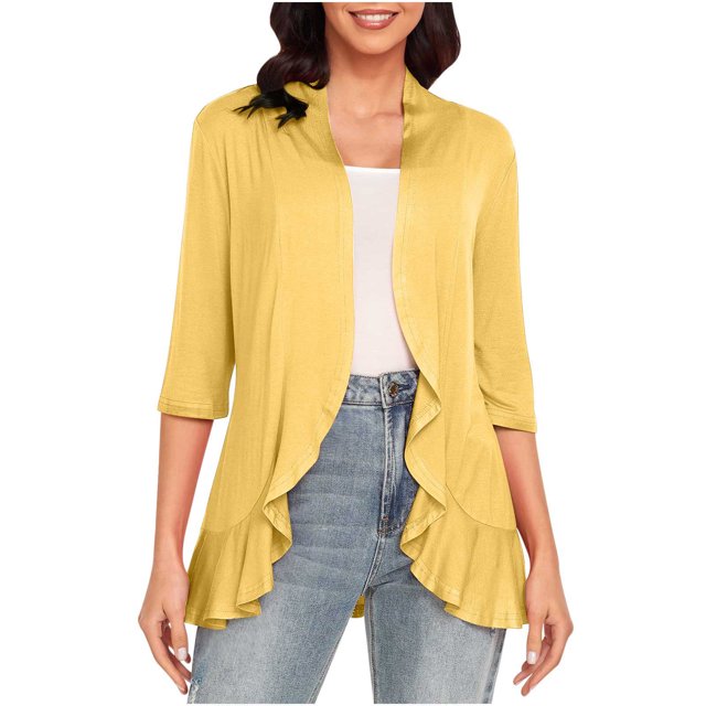 Hauts à Manches 3/4 pour Femmes Mode Décontractée Confortable Cardigan Couleur Unie Blouse Cardigan à Manches 3/4 pour Femmes Blouses et Hauts Mode Hauts pour Femmes Manches 3/4