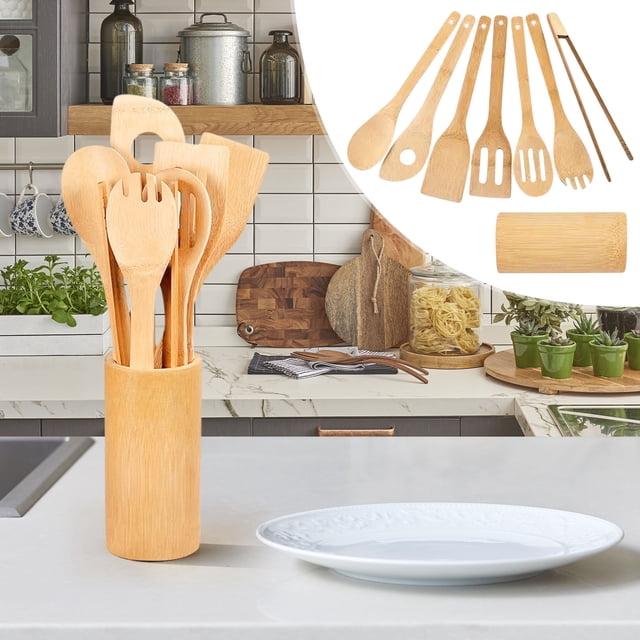 MTBLYS Bamboo Cooking Utensil Set 1-Piece Spatula Spoon Set Nonstick Pot Safe Long Handle Kitchen Tools Home Cooking