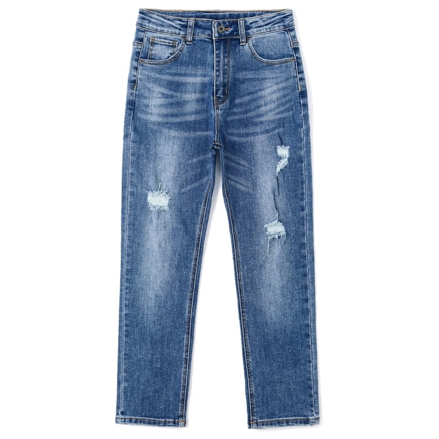 KIDSCOOL SPACE Little Boys Jeans,Elastic Band Inside Ripped Slim Fit Denim Pants,Light Blue,5-6 Years