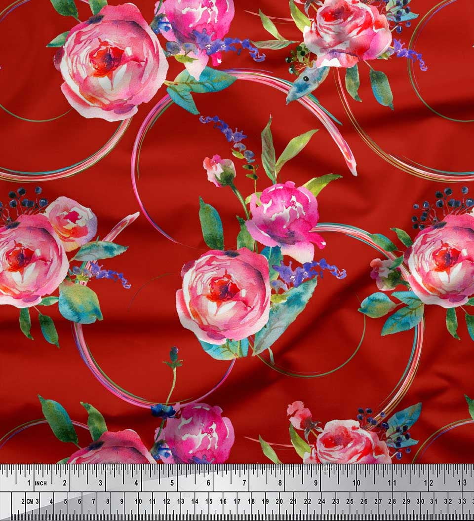 Soimoi Red Japan Crepe Satin Fabric Leaves & Ranunculus Floral Printed Fabric 1 Yard 42 Inch Wide
