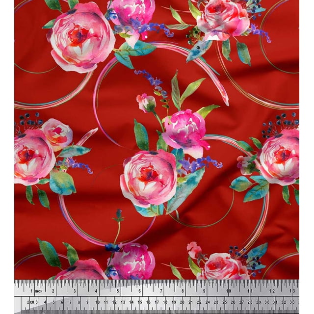 Soimoi Red Rayon Fabric Leaves & Ranunculus Floral Fabric Prints By Yard 42 Inch Wide