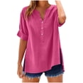thumbnail image 1 of Summer Savings Clearance! RQYYD Linen Shirts for Women Button Down Shirts Short Sleeve Cotton Collared V Neck Solid Casual Blouses with Pocket, 1 of 6