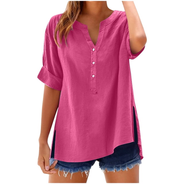 Summer Savings Clearance! RQYYD Linen Shirts for Women Button Down Shirts Short Sleeve Cotton Collared V Neck Solid Casual Blouses with Pocket