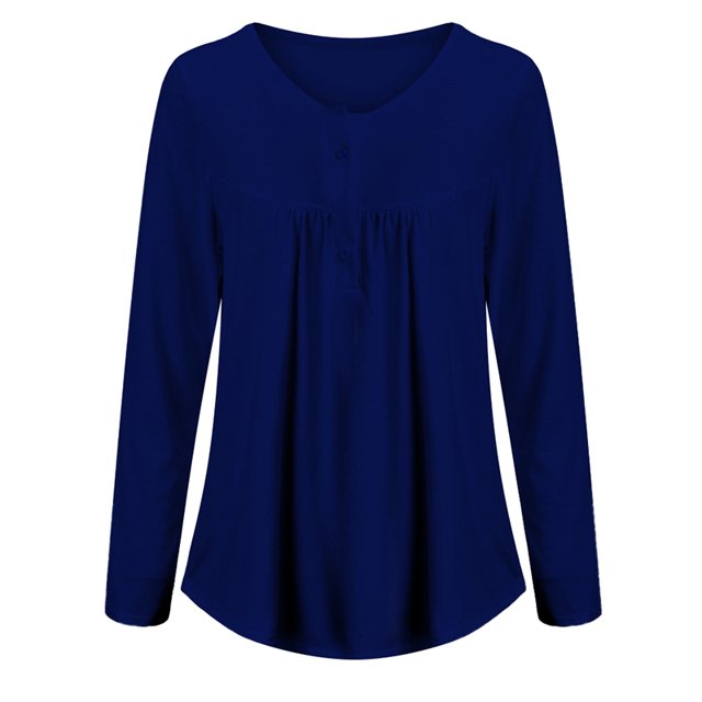 DYMADE Women's Solid Henley V-Neck Blouse Pleated Button Tunic Shirt Top