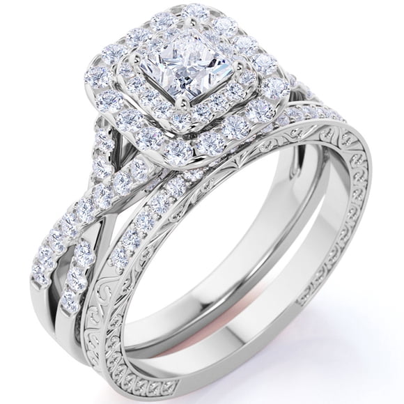 JeenMata 1.25 ct - Square Moissanite - Double Halo - Twisted Band - Vintage Inspired - Pave - Wedding Ring Set in 18K White Gold Plating for Women