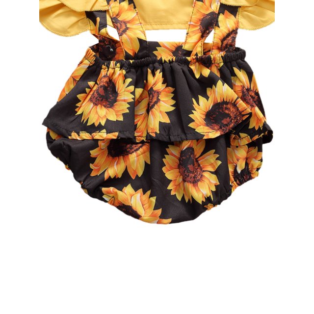 0-24M Infant Newborn Baby Girls Sunflower Patchwork Ruffled Sleeve Jumpsuit Headband 2Pcs Set