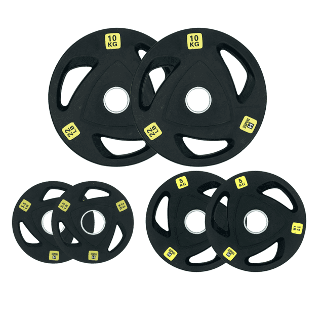 HAJEX Olympic Rubber Tri-Grip Plates Set 2 inch - 77LB Set with 5.5LB, 11LB, and 22LB weight plates. Made of durable cast iron with a rubber coating for rust and water resistance, these plates feature ergonomic tri-grip holes for easy handling. Ideal for strength training and weight lifting in home or commercial gyms.