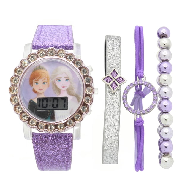 Frozen Digital Flashing Watch with Bracelets Set featuring a purple glitter PU strap watch with a round digital display framed by clear rhinestones and a graphic dial with characters. Includes three bracelets: a silver glitter band with purple diamond accents, a purple cord bracelet with a rhinestone circle charm, and a beaded bracelet with alternating purple and silver beads.