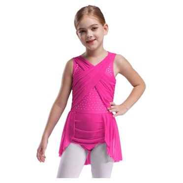 RUNQHUI Robe de Danse Lyrique pour Filles avec Strass, Robe de Patinage Irrégulière, Dos Découpé, Ballerine, Danse, Rose Vif 10