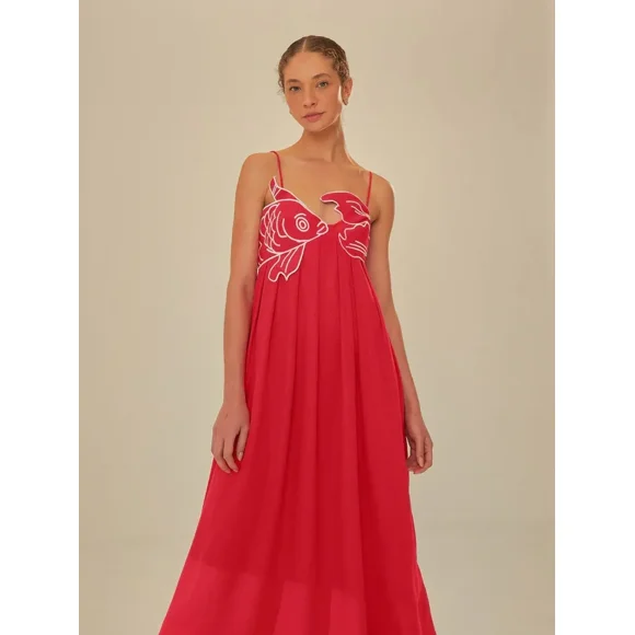 Chic Chinese Red Fish Shape Bra Sling Maxi Dress Elegant Sleeveless Backless Pleated Dresses Summer New Lady Party Vacation Robe