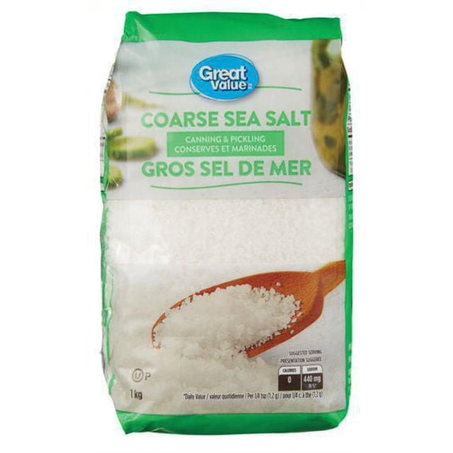 Great Value Coarse Sea Salt 1 kg bag with green and white packaging, featuring a wooden spoon filled with coarse sea salt crystals, labeled for canning and pickling to preserve and marinate foods.