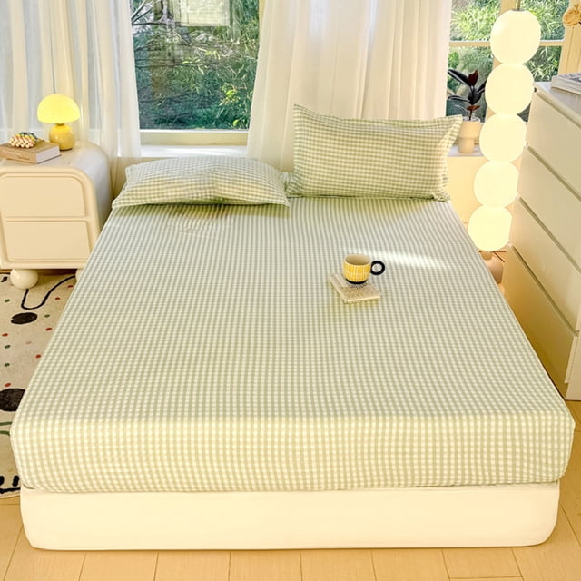 Cagogo Drap-Housse, Tissu en Polyester Léger et Respirant, Drap de Lit à Poches Profondes avec Élastique, Housse de Matelas Ajustée Douce Lavable et Résistante aux Plis pour Lit et Sofa, Motif à Carreaux Uni