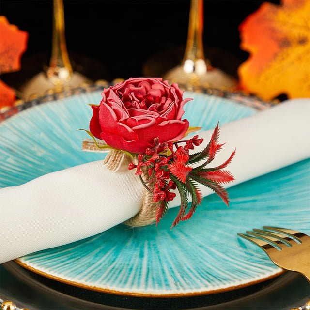Aodebiao Set of 2 Napkin Rings Red Rose Napkin Rings Handicraft Flower Pink Flower Napkin Holder Wedding Napkin Holder Table Decoration for Mother Day Party