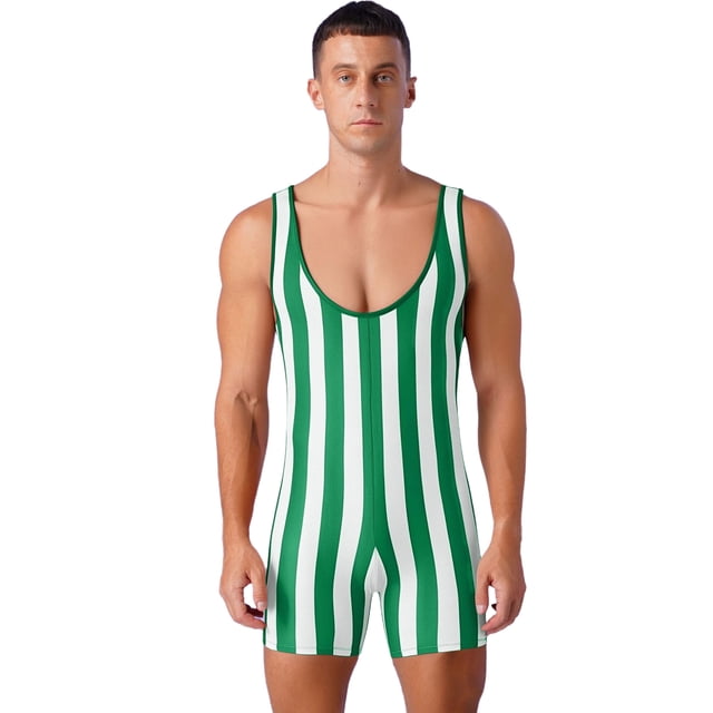 XUNZOO Costume d'Homme Fort à Rayures, Débardeur de Lutte, Body, Costume de Cirque pour Muscles, Vert G