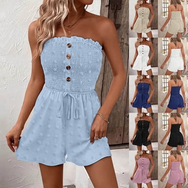 Weekly Sales! QATAINLAV Tube Rompers for Women 2025 Summer Strapless Short Jumpsuits Casual Drawstring Waist Pleated One Piece jumpsuit Beach Vacation Clothes Light Blue S