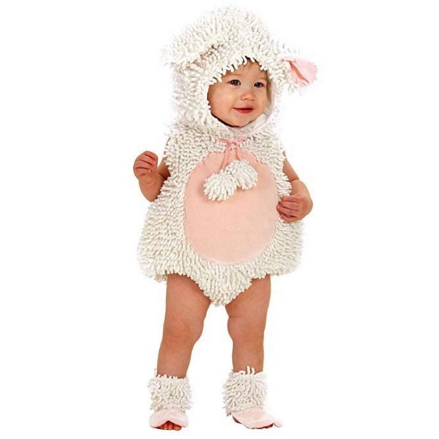 Rubies Laura the Lamb Costume pour Bébés Comprenant une Tunique Sans Manches en chenille Blanche Douce avec un patch de Ventre Rose et des Pompons, une Capuche avec des Oreilles Souples, et des Couvre-Chaussures Assortis avec des Bandeaux de Cheville Blancs et des Détails de Sabots Roses, Convient pour l'Halloween et les Déguisements.