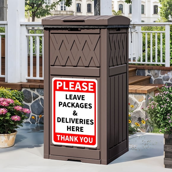 Dextrus 31 Gallon Package Delivery Box, Resin Outdoor Parcel Drop Box with Lift-Out Bag, Drip Tray and Reminder Sign, Secure Porch Package Storage Container for Curbside Patio Yard, Dark Brown