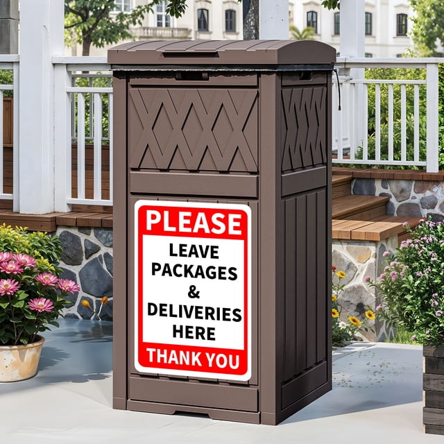 Dextrus 31 Gallon Package Delivery Box, Resin Outdoor Parcel Drop Box with Lift-Out Bag, Drip Tray and Reminder Sign, Secure Porch Package Storage Container for Curbside Patio Yard, Dark Brown