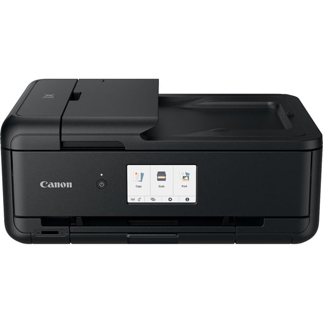 Canon Pixma TS9520a Wireless All-in-One Inkjet Printer in black with a compact rectangular design, featuring a front 4.3-inch LCD touchscreen displaying copy, scan, and print options, a power button, and an SD card slot, ideal for wireless printing, scanning, and copying with support for various paper sizes including 11x17 inches.