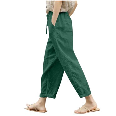 Annhoo Summer Pants for Women Cotton Linen Drawstring Elastic Waisted Loose Wide Leg Casual Trousers with Pockets