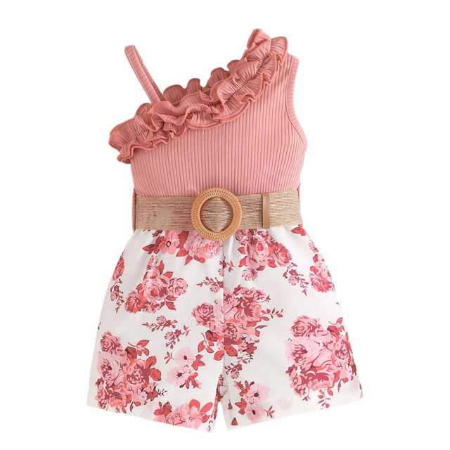 LUOGENLI Robe Fillette Tout-Petits Été Volants Sans Manches Imprimés Floraux Robe Côtelée Vêtements Jupe Maxi avec Short en Dessous Rouge 18-24 Mois