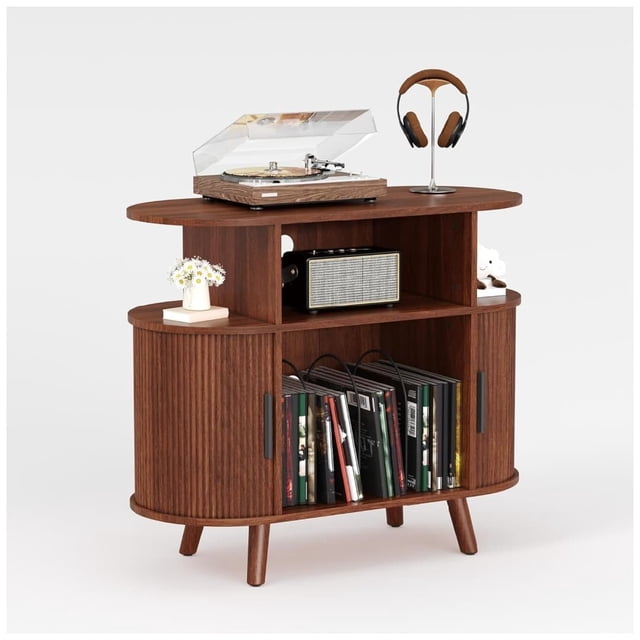 Bingirl Armoire de Rangement pour Disques Vinyles : Support de Tourne-Disque Mi-Siècle Moderne avec Plateau Tournant Rond en Bois, Station de Recharge et Étagères Ouvertes - Convient à la Chambre et au Salon (Finition Noyer)