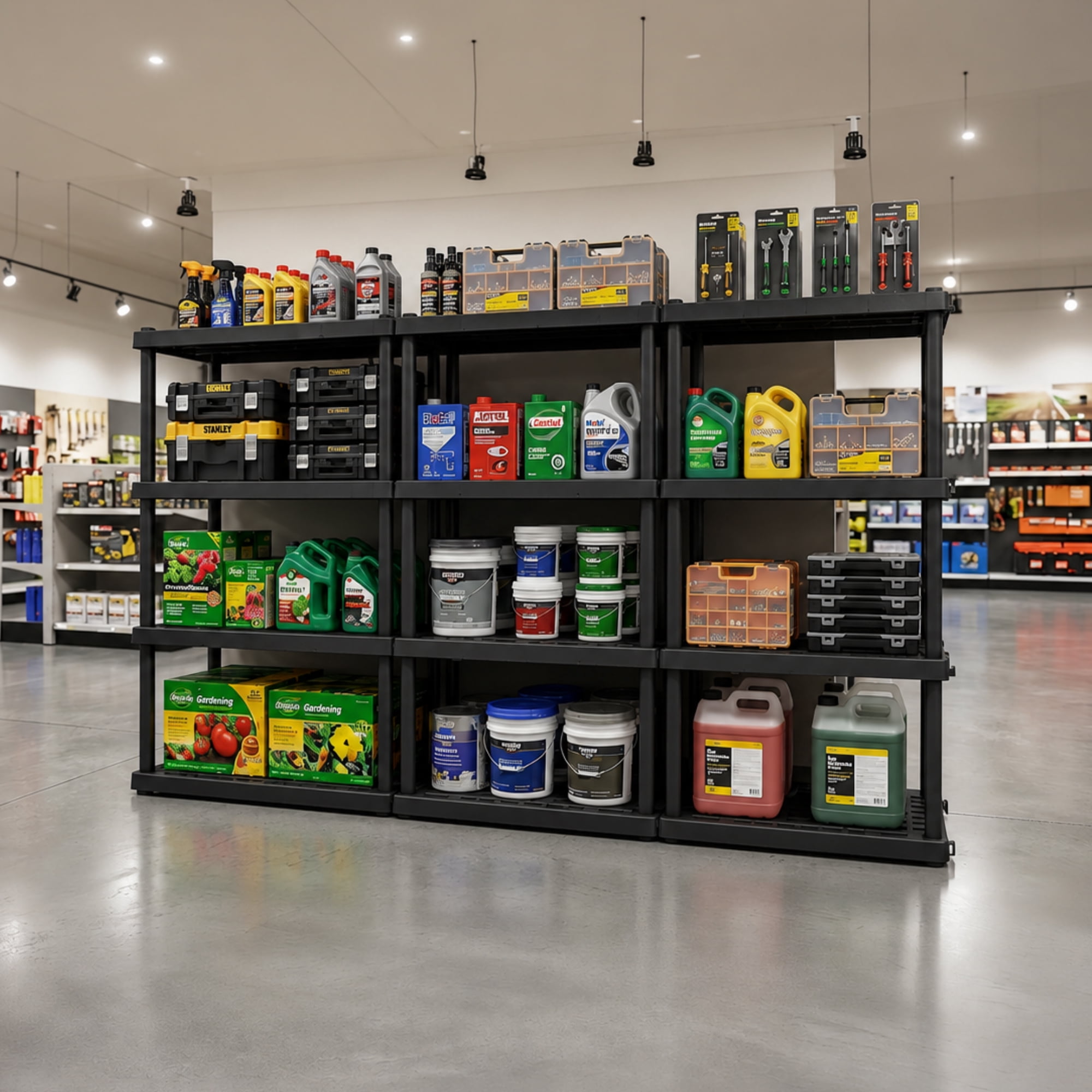 Hyper Tough Plastic Shelves Garage Shelf Basement Storage 4-Tier W36 x D18 x H56" Black Total Capacity 600 lb