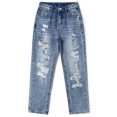 thumbnail image 1 of KIDSCOOL SPACE Girls/Boys Frayed Edge Elastic Band Inside Washed Ripped Slim Jeans,Blue,11-12 Years, 1 of 7