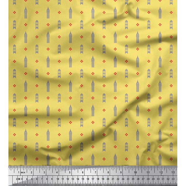 Soimoi Satin Silk Fabric Curve Diamond & Clock Tower Architectural Print Fabric by the Yard 42 Inch Wide