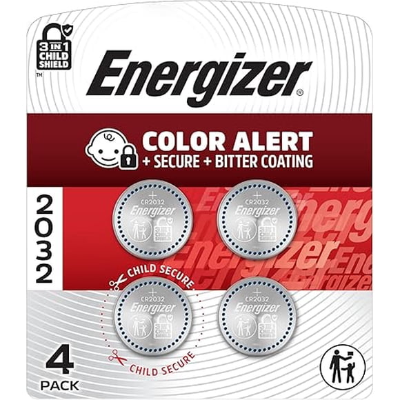 Energizer 2032 Batteries (4 Pack), 3V Lithium Coin Batteries with 3-in-1 Child Shield