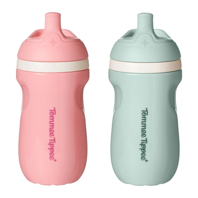 Tommee Tippee Insulated Sporty Spout Bottle 9oz, 12 Months+ toddler water bottles in pink and mint with spill-proof two-piece valves, bite-resistant spouts, double-wall insulation to keep drinks cool, and easy-grip ergonomic design.