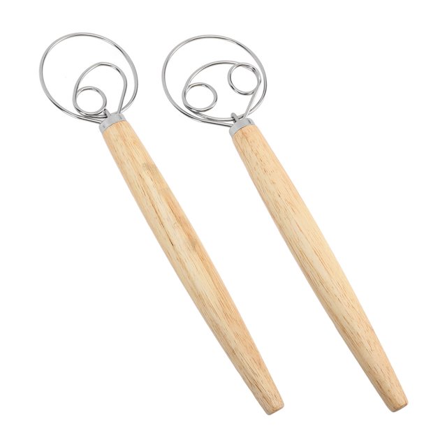 Danish Dough Whisk set featuring two stainless steel bread whisks with sturdy rubber wood handles, one with a single-eye loop and the other with a double-eye loop. Includes a dough scraper for baking. Ideal for mixing and carving dough in various shapes and patterns.