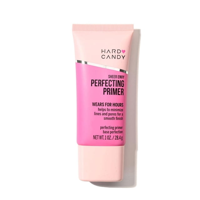 Hard Candy Sheer Envy Perfecting Primer in a pink squeeze tube with silver trim, 28.4g, a lightweight, shine reducing face primer that prevents oil buildup and smooths skin for even makeup application, suitable for long-lasting wear.