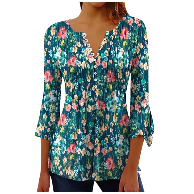 CEHVOM Femmes Mode Imprimé Décontracté Col en V Manches 3/4 T-Shirt Blouse Hauts Liquidation
