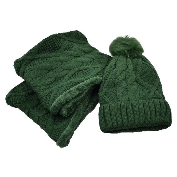Women Fur Lined Beanie Pom Pom Hat and Scarf Set