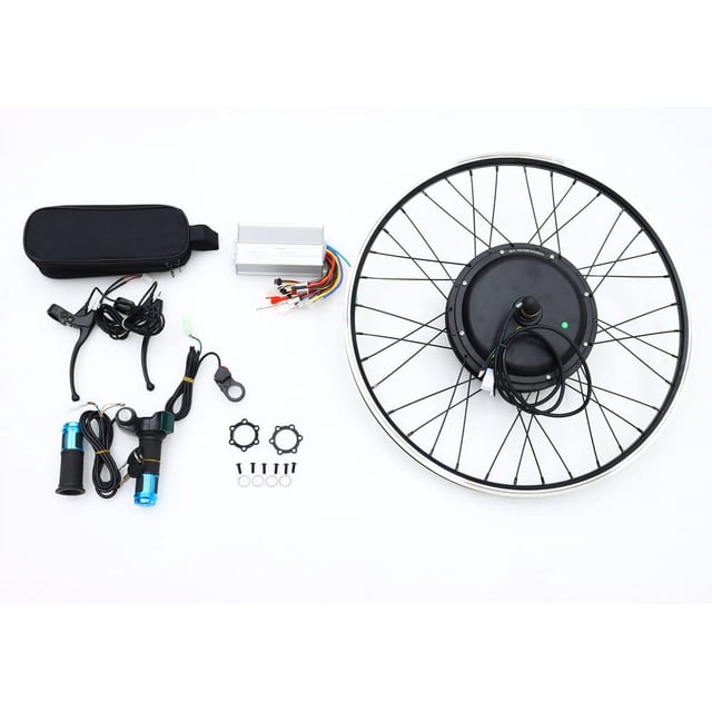 26-inch mountain bike modified kit with a 48V-60V e-bike conversion kit without battery. Includes a front wheel with a 500W motor, wiring components, speed control handle, controller hanging bag, and installation accessories. Ideal for DIY electric bike conversion, compatible with mountain bikes, commuter bikes, and road bikes.