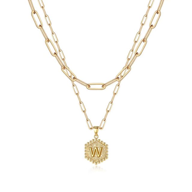 Colliers à Initiale Superposés pour Femmes, Collier Chaîne Trombone Simple Mignon Pendentif Lettre Hexagone Collier Ras-du-Cou à Initiale Colliers Superposés Dorés pour Femmes, WGold