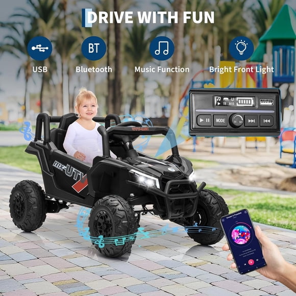EastVita Voiture Électrique 12 V, Camion UTV avec Télécommande Parentale, Véhicule Électrique avec Suspension à 4 Ressorts, Pneus EVA, Ceinture de Sécurité, Portes à Double Ouverture, Bluetooth, Musique, Lumières DEL pour 3 à 8 Ans, Noir