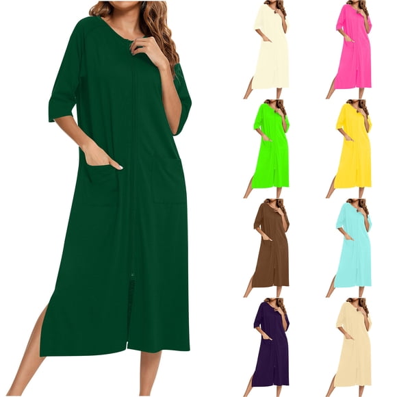 Lcziwo Women Soft Zipper Bathrobe 3/4 Sleeve Full Length Housecoat Casual Loose Lounge Nightgown with Pockets 2026 Beige,XXL
