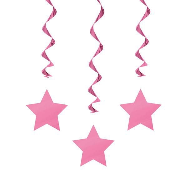 Hot Pink Hanging Swirl Decorations, 26", 3ct, featuring three shiny foil swirls each with a hot pink star cutout, designed for ceiling or party decorations in home decorative accents, also suitable for brightening photo booths or doorways.