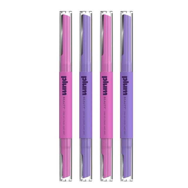 Double Sided Dermaplaning Razors 4pk Double Down — four Plum Beauty double-sided dermaplaning razors front-facing; large and small blades on slim handles with dual-blade design per product specs to help reduce nicks. Suited for facial hair removal, facial exfoliation and precise eyebrow shaping, often used to prep skin before makeup.