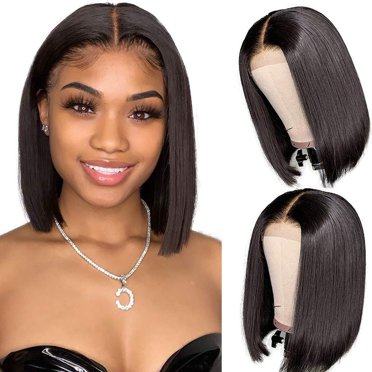 MIMORE Perruques Bob Courtes et Lisses, Partie en T, Lace Front, Perruques en Cheveux Humains pour Femmes Noires, Perruques Bob Courtes de 8 Pouces, Perruques en Cheveux Humains à Fermeture en Dentelle, Perruques Brésiliennes en Cheveux Lisses, Préépilées avec Cheveux de Bébé