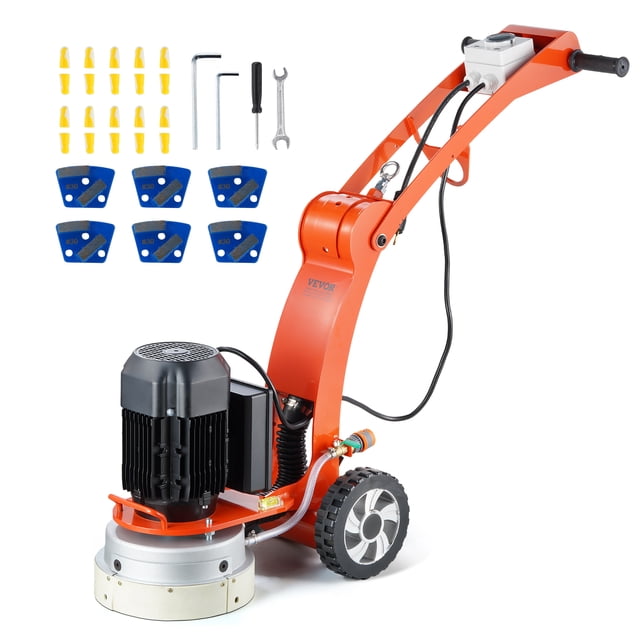 VEVOR Concrete Floor Grinder 10" Walk-Behind Polisher with a 1.7HP brushless pure copper motor, shown in an orange finish. The grinder features a 10-inch grinding disc, adjustable handle height, and dual wet and dry modes. Accessories include six diamond blades, earplugs, and various wrenches for assembly. Designed for grinding and polishing concrete, stone, marble, and tile surfaces, it is suitable for both commercial and industrial use.