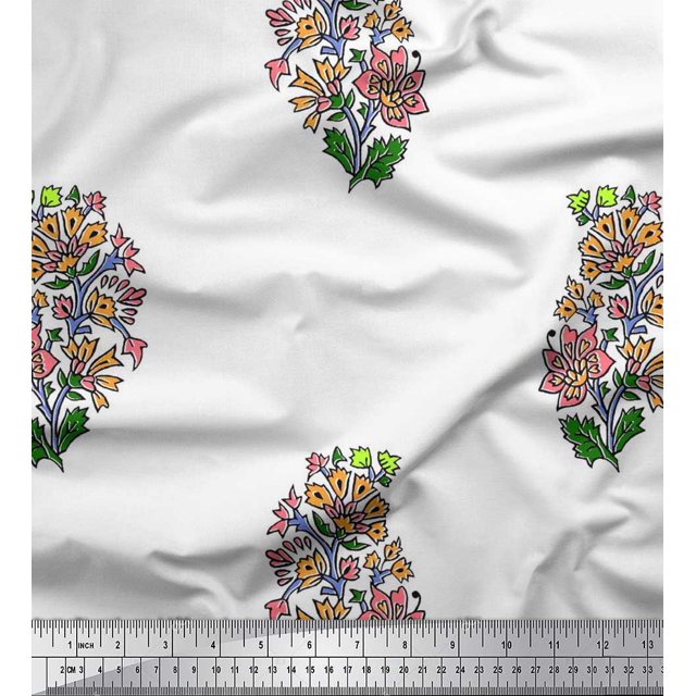 Soimoi Modal Satin Fabric Leaves & Floral Block Decor Fabric Printed Yard 42 Inch Wide