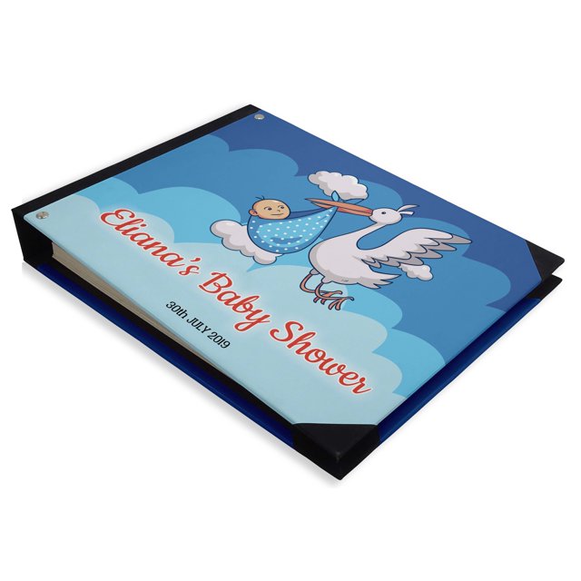 Darling Souvenir Cigogne Bleue et Couverture Rigide pour Bébé Personnalisée Imprimée Albums d'Invités de Shower de Bébé - 9 x 12 Pouces