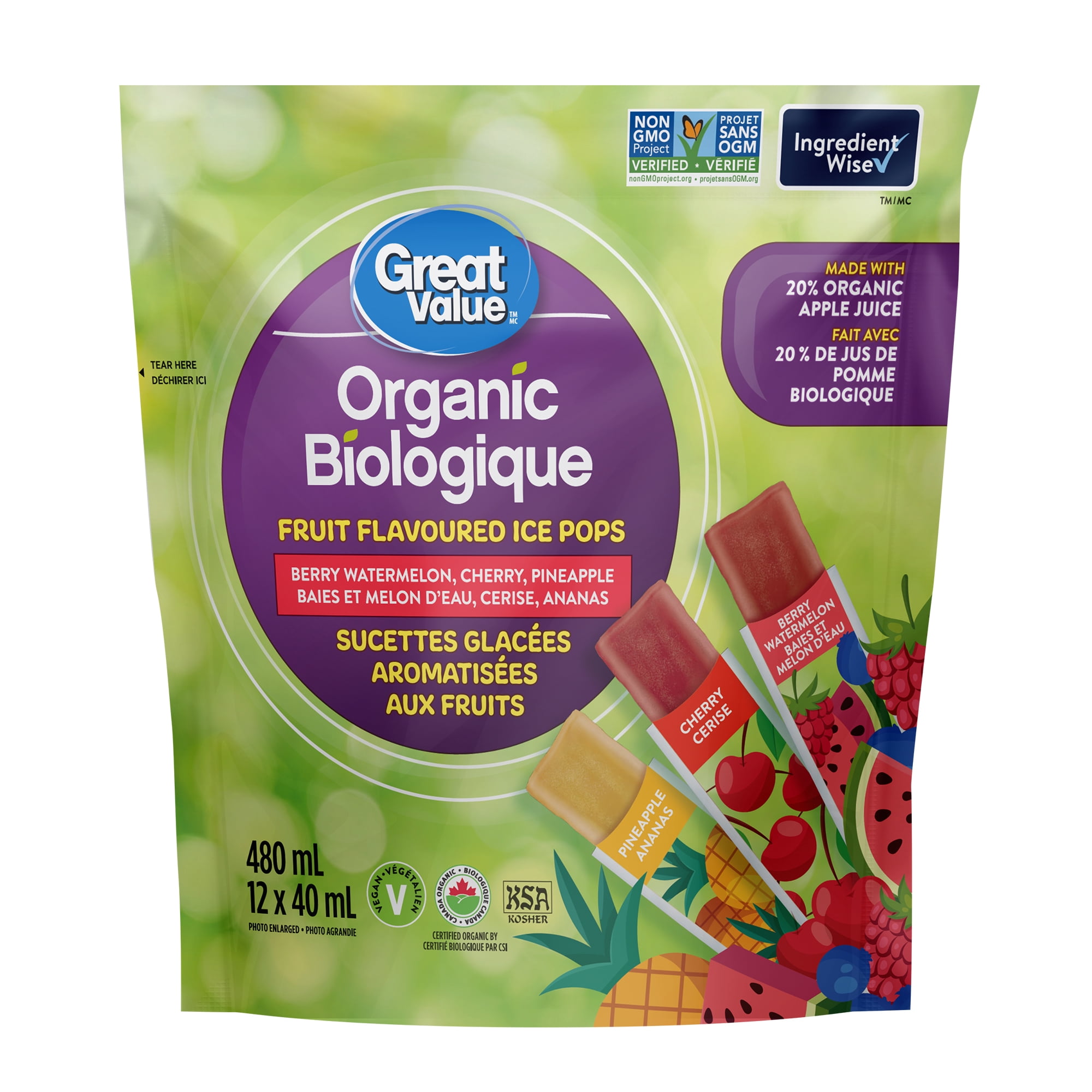 Great Value Organic Fruit Flavoured Ice Pops - Berry Watermelon, Cherry, Pineapple