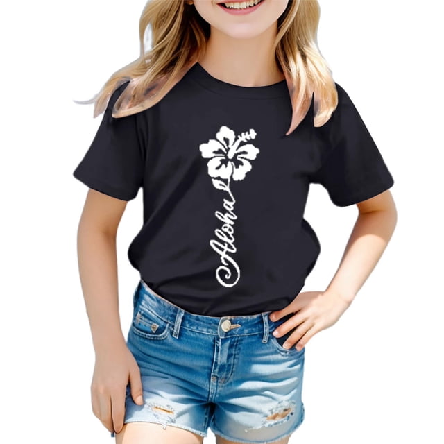 LUOGENLI T-Shirt pour Filles Garçon et Fille Mode Décontractée Imprimé Col Rond Ample Manche Courte T-Shirt Haut Maxi Hauts Ensembles Filles Tenue 2 Pcs Boho Noir 12-13 Ans